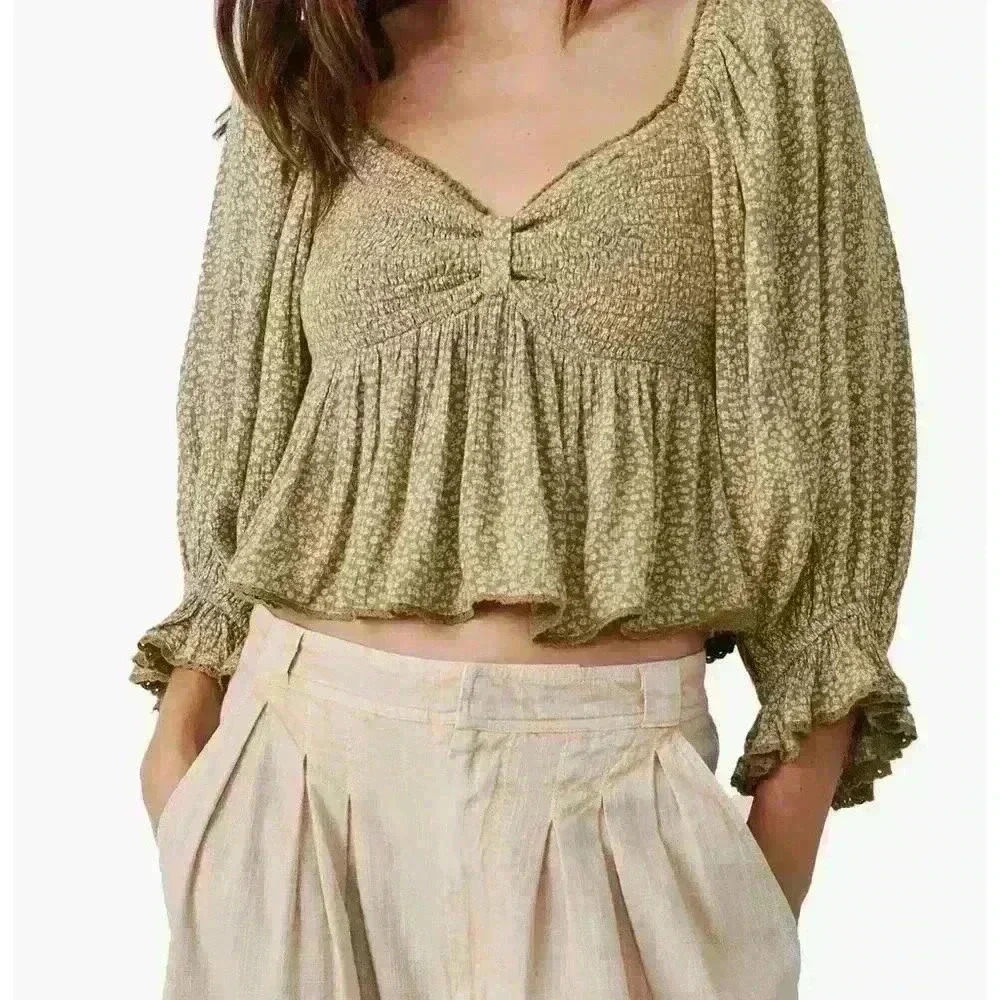 NWT FREE PEOPLE Brittnee Print Smocked Peplum Top Size S